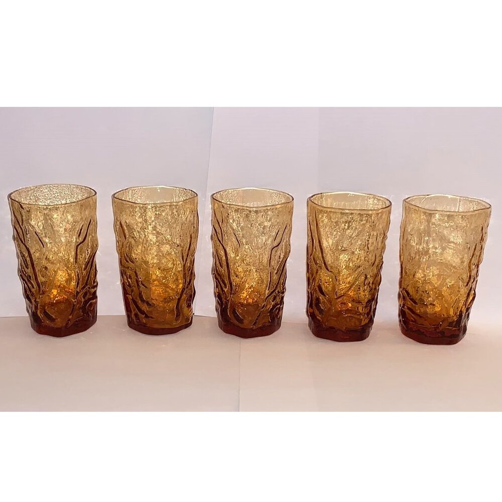 VTG Morgantown Seneca Driftwood Amber Orange Juice Glasses Crinkle (Set of 5)